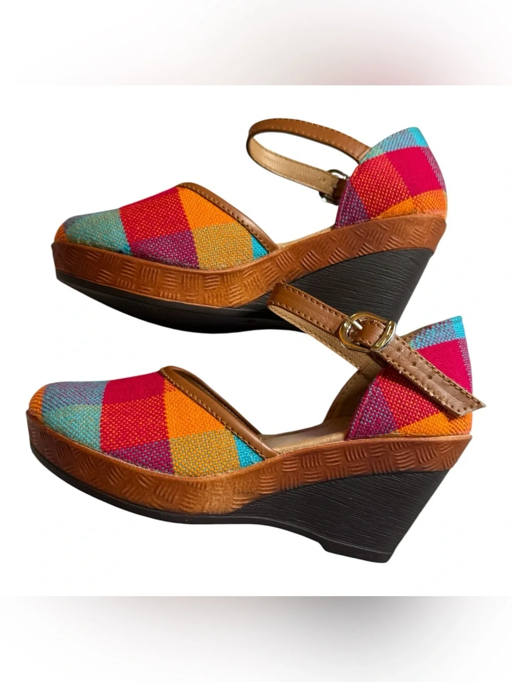 Multicolor Patchwork Wedge Sandals with Tan Straps - Almost New Condition